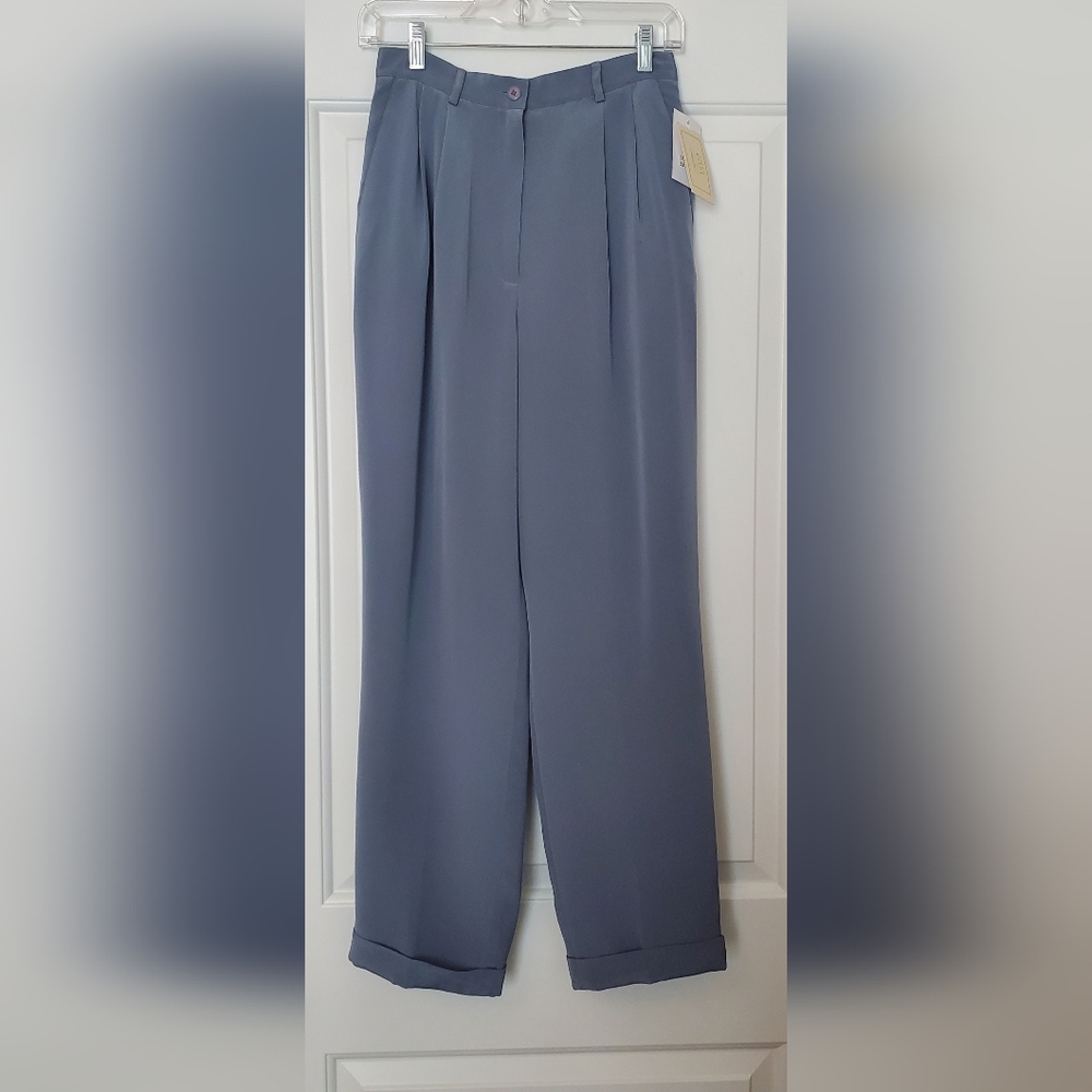 NWT Vintage Field Manor 100% Silk Straight Leg Pleated Pants Silver Blue Lined 6